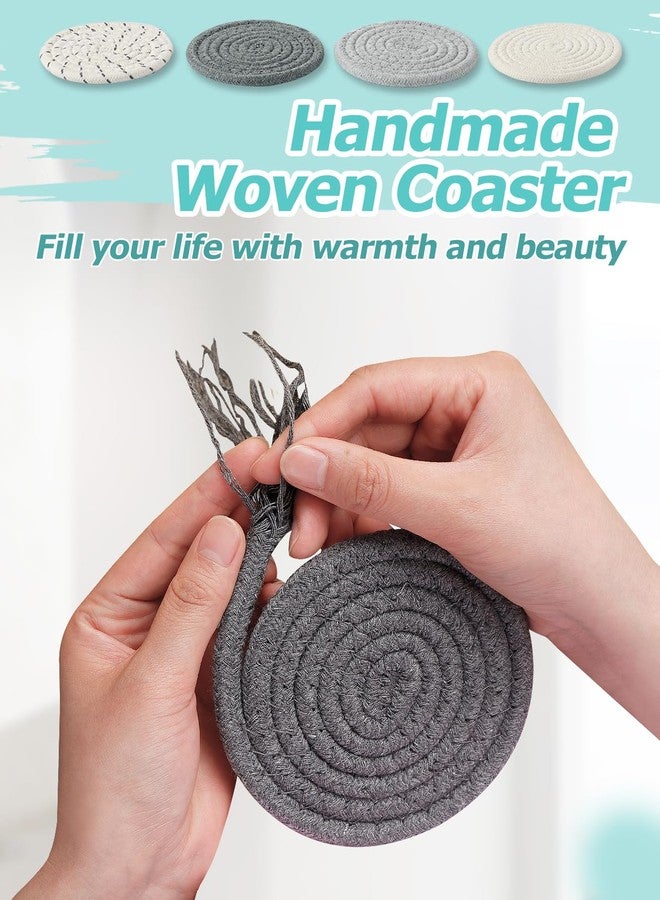ANPHSIN Handmade Woven Drink Coasters, 8 Pcs Boho Absorbent Coasters for Home Decor, Cotton for Farmhouse Table Kinds of Cups New House Gift(4.3in, Grey/White) - Image 3