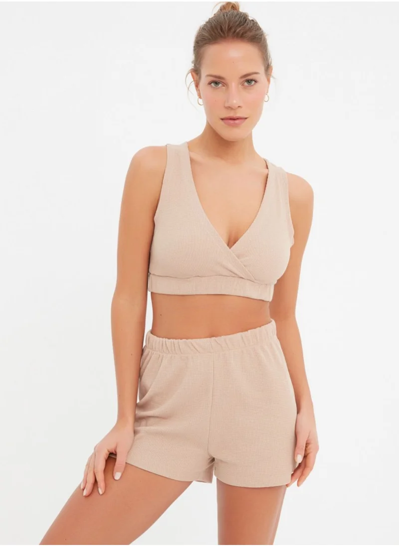 trendyol Plunge Neck Crop Top & Shorts Set