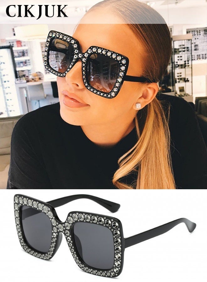 CIKJUK Rhinestone Sunglasses Women Men Bling Oversized Women's Sunglass Square Ladies Sun Glasses UV Protection Shades Black - Image 1