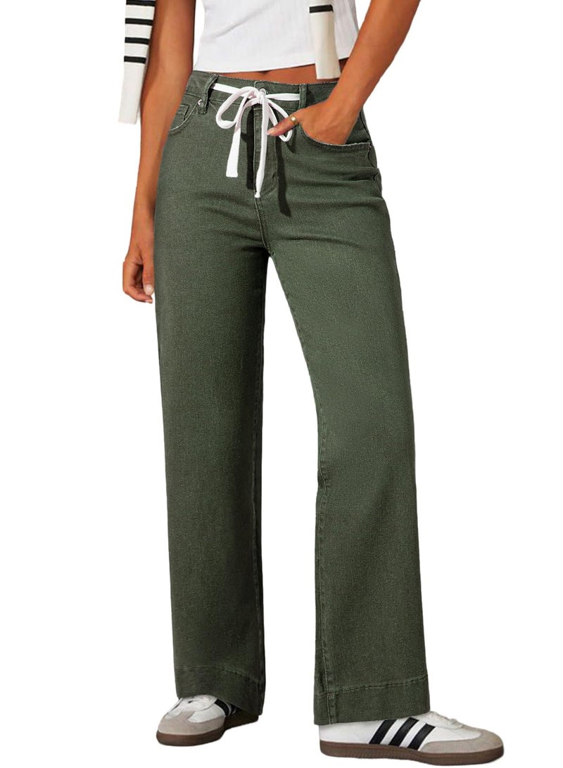 Sidefeel Women's Wide Leg Jeans High Waisted Stretchy Straight Leg Drawstring Fall Outfit Denim Pants with Pocktes Green Size 12 - Image 1