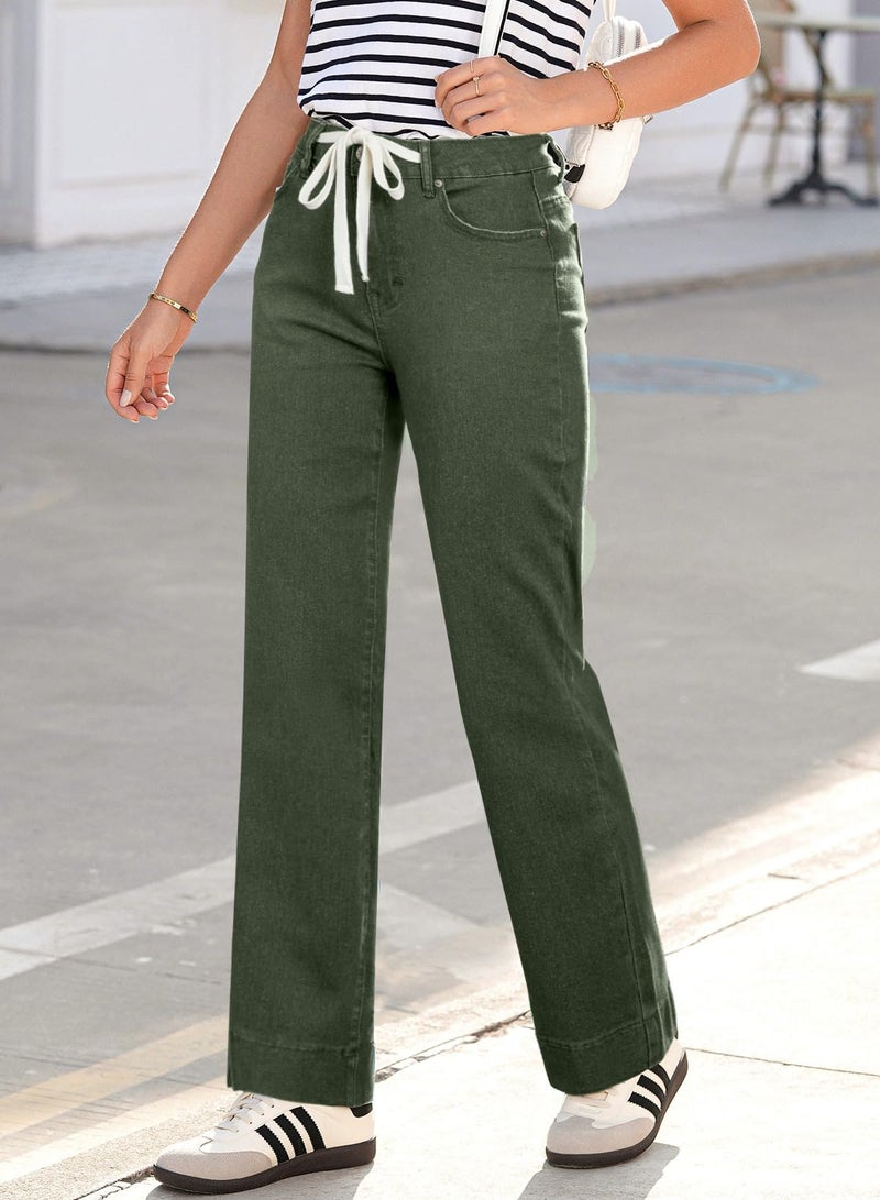 Sidefeel Women's Wide Leg Jeans High Waisted Stretchy Straight Leg Drawstring Fall Outfit Denim Pants with Pocktes Green Size 12 - Image 4
