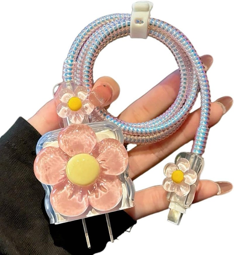 VNJ ACCESSORIES Protective Charger Case for iPhone 18W 20W iPhone 16 15 14 13 12 11 Pro Max Charging Cable Charger Protective Cover Data Cable Protective Sleeve-Peach ND Yellow Flower - Image 1