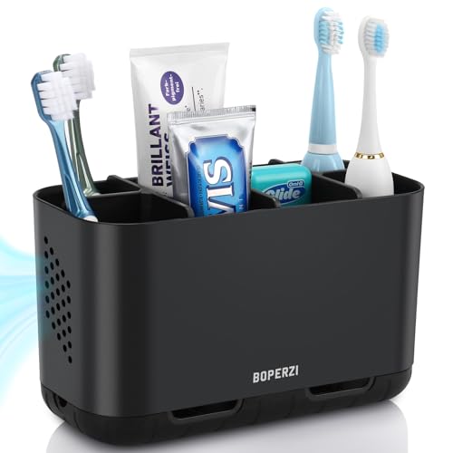 Boperzi Toothbrush Holders for Bathrooms Organizers and Storage, Large Tooth Brush Holders with Drainage, Anti-Slip Electric Toothbrush and Toothpaste Holders Caddy for Shower Kids Family, Black - Image 1