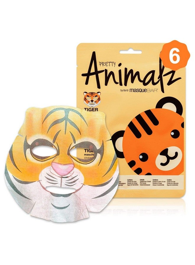 masque Bar Pretty Animalz Tiger Facial Sheet Mask (6 Pack) Korean Beauty Skin Care Treatment Antiseptic Evens Skintone Antiinflammatory Anti Aging Spa Fun Face Mask Sheets Animal Characters - Image 1
