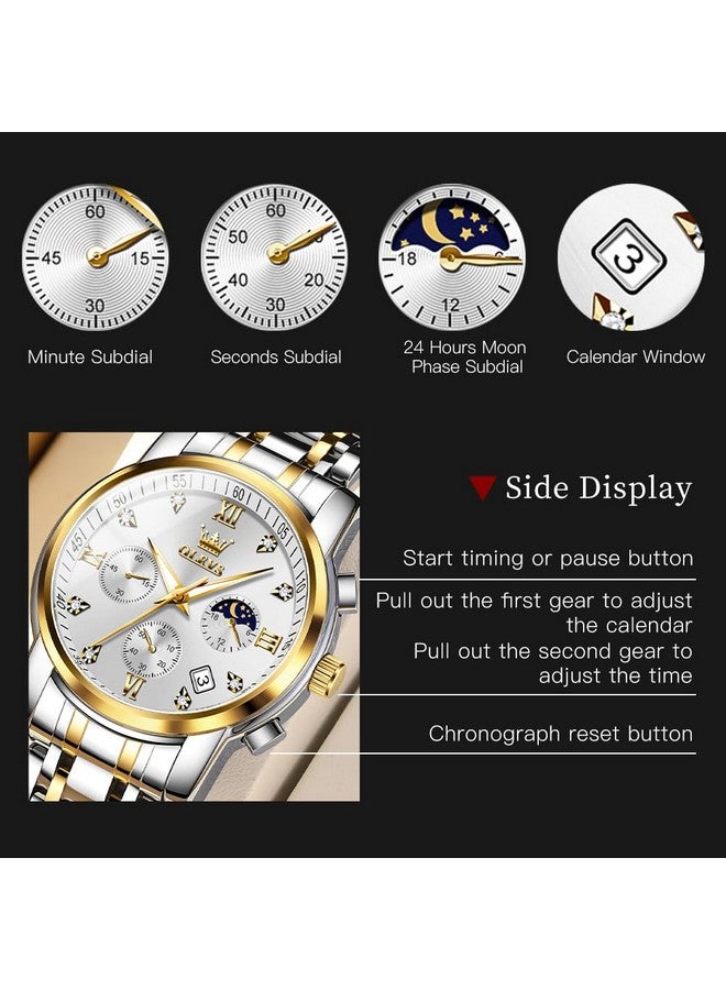 أوليفز ساعة OLEVS للرجال كرونوغراف ألماس أبيض كوارتز تاريخ تقويم طور القمر فاخرة بلونين من الفولاذ المقاوم للصدأ ساعة يد مضيئة للأعمال - Image 3