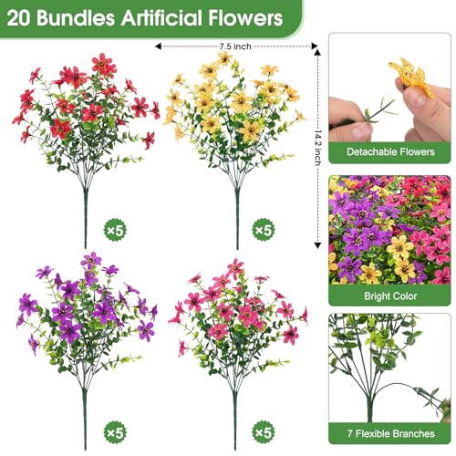 Bassion 20 Bundles Artificial Flowers for Outdoors Decorations, UV Resistant Faux Plants Fake Silk Flowers for Outside Daisy Hanging Planters Window Box Front Door Porch Patio Yard Home Decor - Image 2