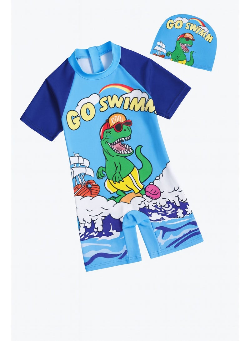 Toddler Boys Swimsuits One Piece Rash Guard Swimwear Zipper Bathing Suit UPF50+ with Hat Dinosaur Swimsuit Set
