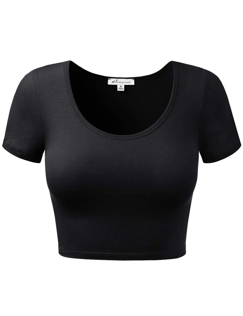 HATOPANTS Women Cotton Scoop Neck Crop Tops Short Sleeve Basic Casual Shirts Black M - Image 1