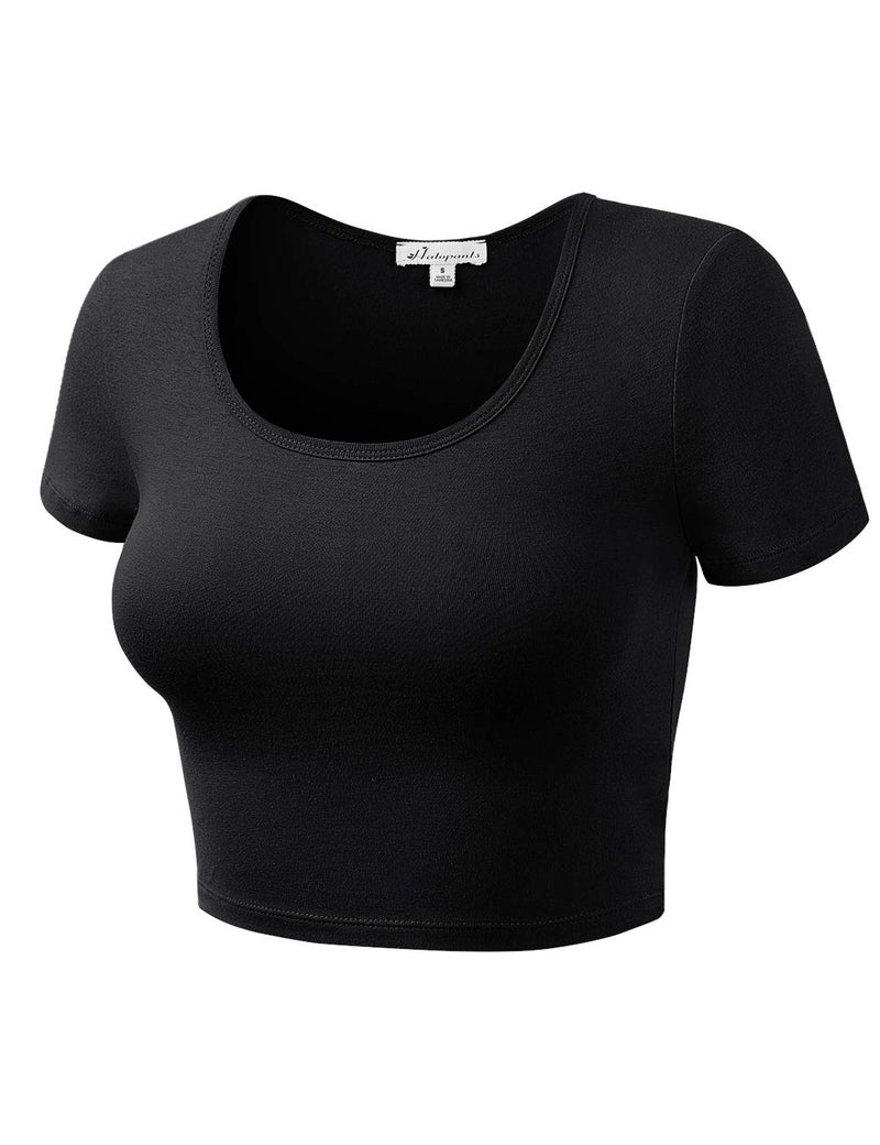HATOPANTS Women Cotton Scoop Neck Crop Tops Short Sleeve Basic Casual Shirts Black M - Image 2