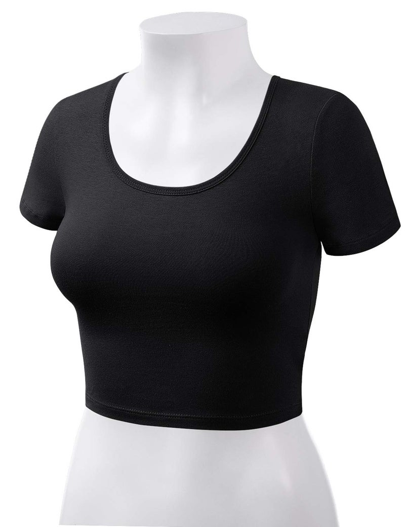 HATOPANTS Women Cotton Scoop Neck Crop Tops Short Sleeve Basic Casual Shirts Black M - Image 4