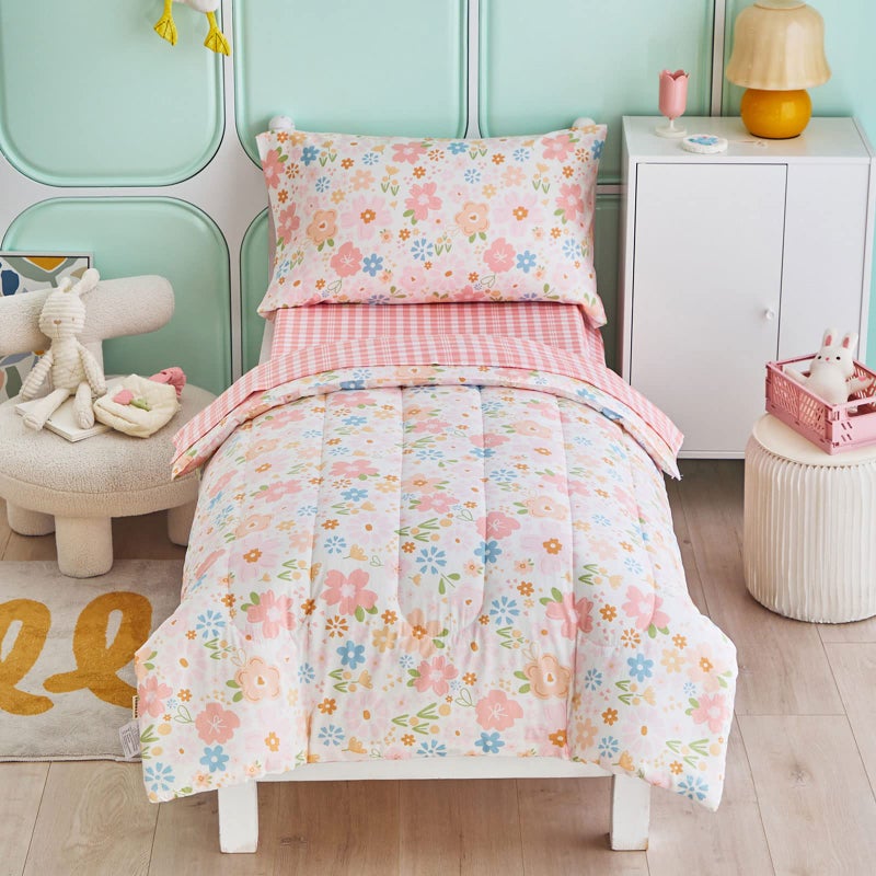 Joyreap 4 Piece Cotton Toddler Bedding Set for Girls Pink Flowers Design Soft n Breathable Cotton Toddler Comforter Set Includes Quilted Comforter Fitted Sheet Top Sheet and Pillow Case