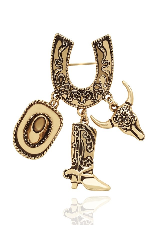 Jessica Simpson Dangle Charms Western Brooch for Women, Gold Tone-Plated Horseshoe Brooch Pin with 3 Cowgirl Charms - Image 1