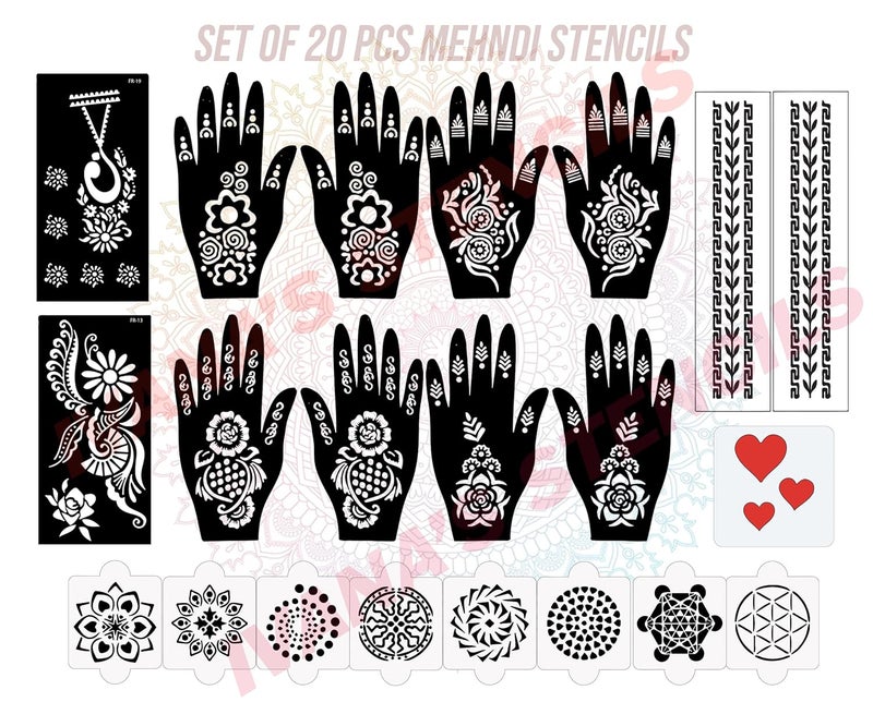 ivana's Ivanas Set of 20 Pcs Combo Pack Reusable Mehendi Design Stencilsfor Both Hands Easy to Use Best for Girls Women Kids Teen New Mehandi Stencils Design Stickers D2284 - Image 1