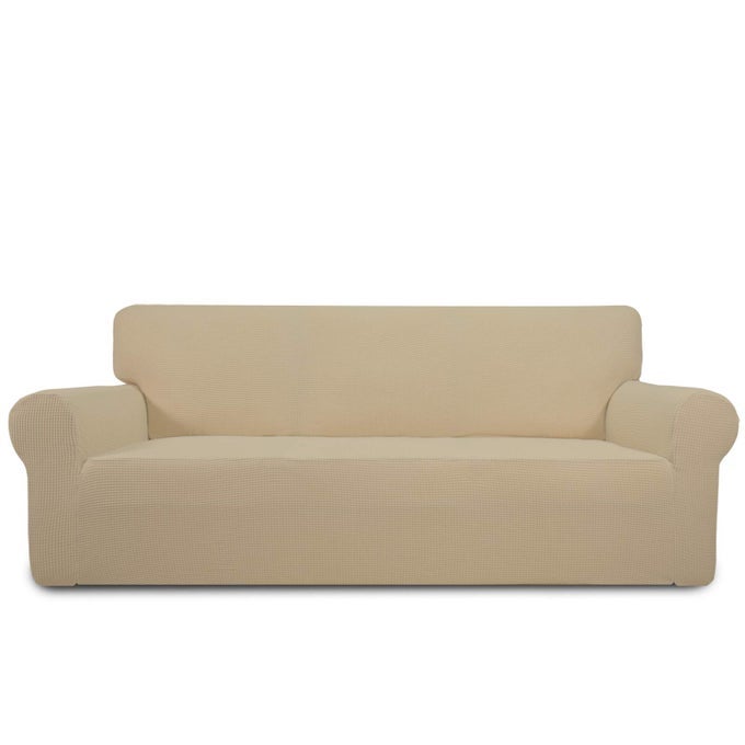 STRETCH SOFA SLIPCOVER SPANDEX JACQUARD NON SLIP SOFT COUCH SOFA COVER WASHABLE FURNITURE PROTECTOR WITH NON SKID FOAM AND ELASTIC BOTTOM FOR KIDS SOFA SAND