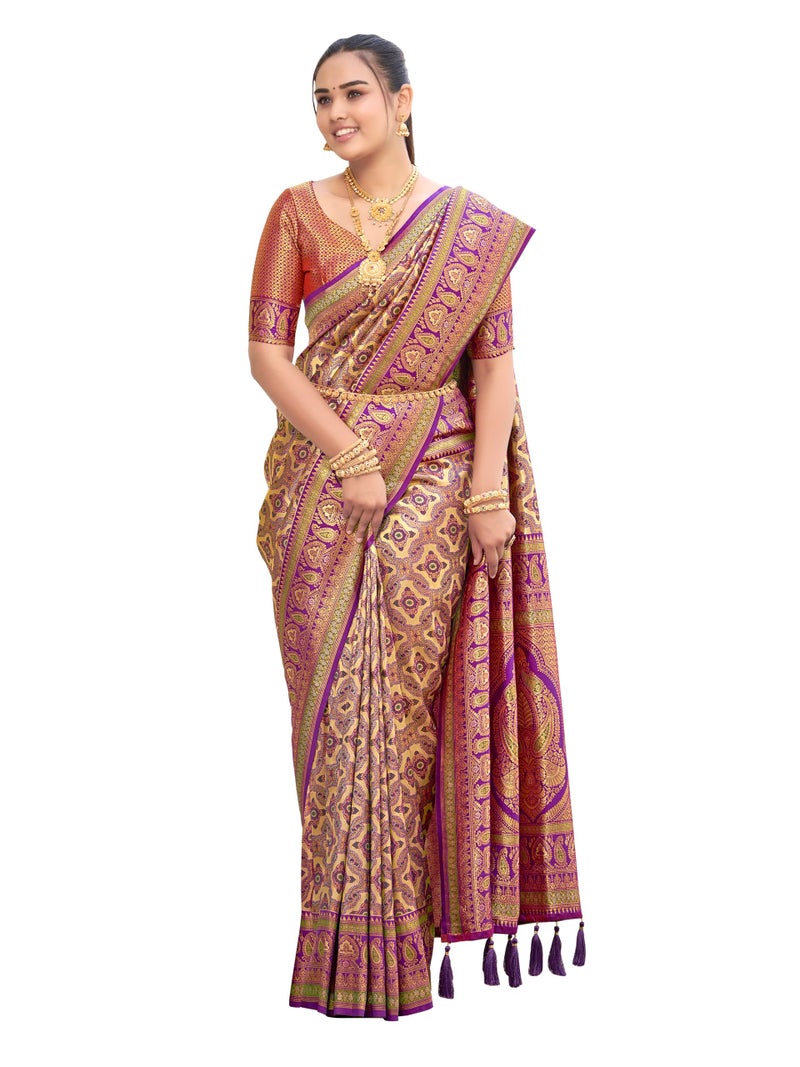 MANOHARI Women's Most Trendy Banarasi Woven Purple Saree With Heavy Jacquard Work Saree With Blouse Piece - Image 1