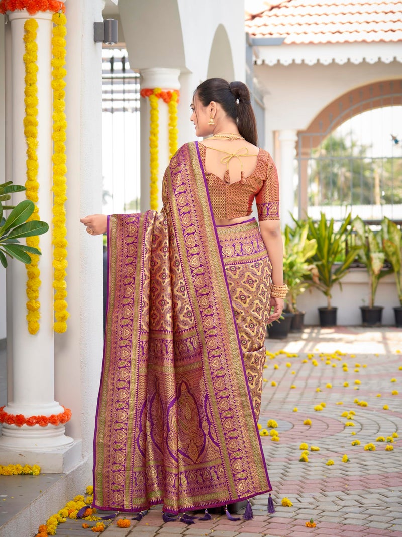 MANOHARI Women's Most Trendy Banarasi Woven Purple Saree With Heavy Jacquard Work Saree With Blouse Piece - Image 4