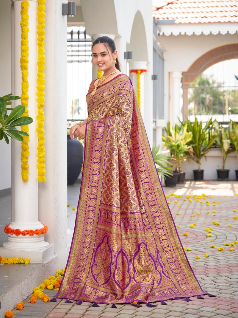 MANOHARI Women's Most Trendy Banarasi Woven Purple Saree With Heavy Jacquard Work Saree With Blouse Piece - Image 3