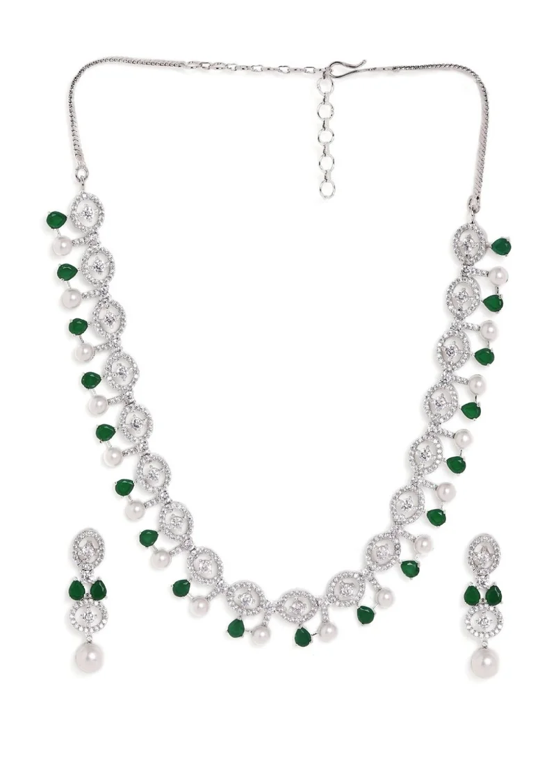 Priyaasi Elegance Plated American Diamond Studded  Pearl Beaded Jewellery Set