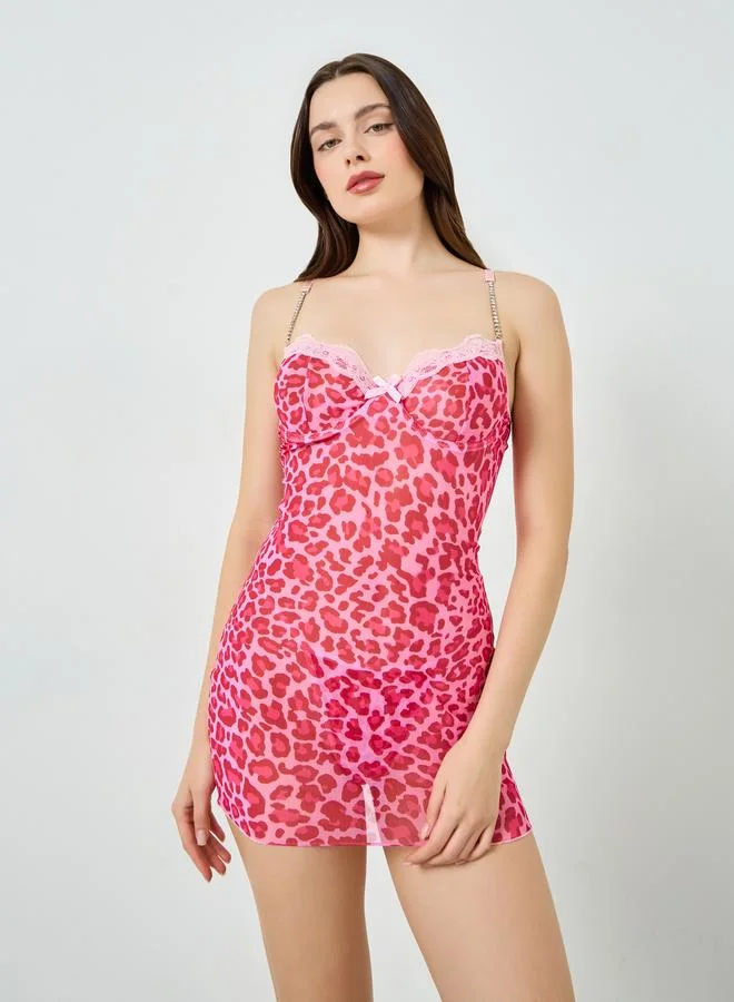 Styli Women Animal Print Lace Detail Slip with Brief