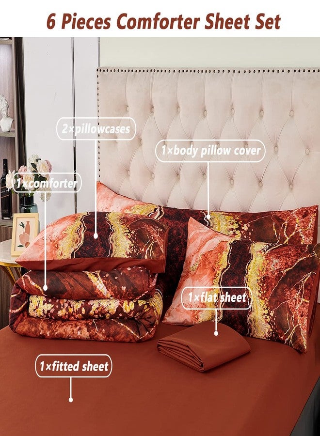 PERFEMET Full Size Comforter Set 6 Pcs Marble Bed in a Bag with Sheets Set Retro Artwork Style Orange Comforter Soft Reversible Lightweight Bedding Quilt Set(Orange, Full) - Image 3