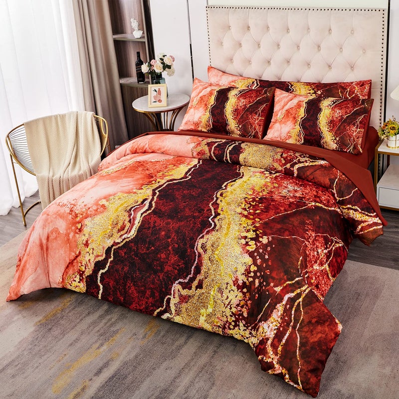 PERFEMET Full Size Comforter Set 6 Pcs Marble Bed in a Bag with Sheets Set Retro Artwork Style Orange Comforter Soft Reversible Lightweight Bedding Quilt Set(Orange, Full) - Image 1