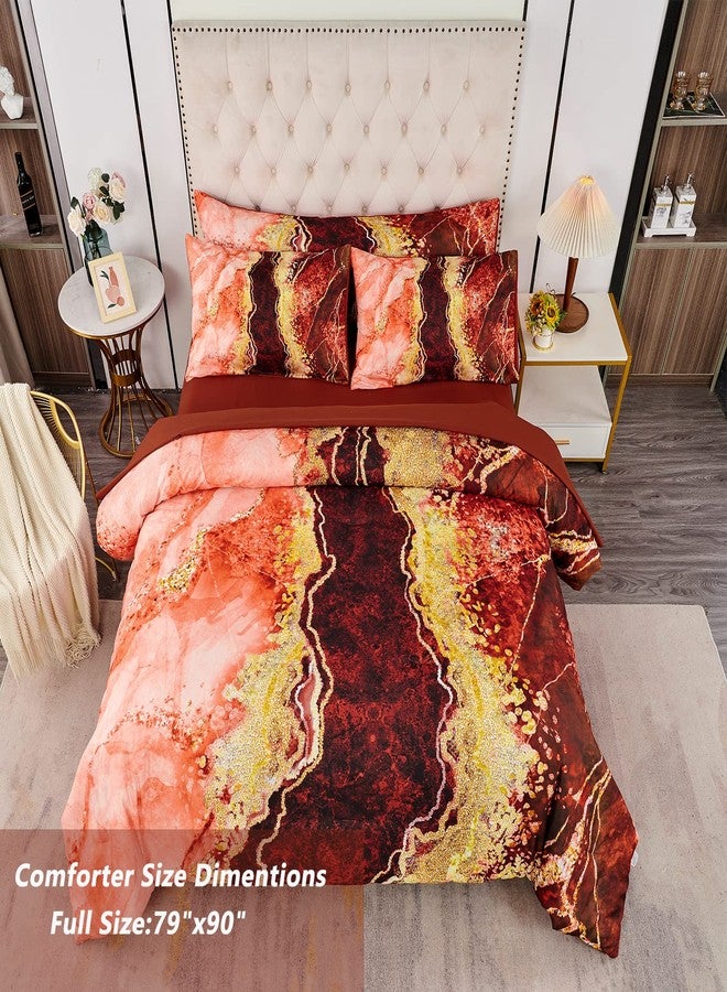 PERFEMET Full Size Comforter Set 6 Pcs Marble Bed in a Bag with Sheets Set Retro Artwork Style Orange Comforter Soft Reversible Lightweight Bedding Quilt Set(Orange, Full) - Image 4