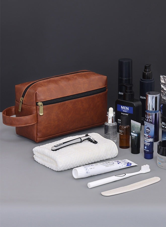 ليمون حقيبة سفر لأدوات النظافة للرجال، مصنوعة من جلد البولي يوريثان، مع حقيبة تنظيم إلكترونية، ومجموعة أدوات زينة مقاومة للماء لرحلات العمل والسباحة والتخييم، باللونين الأسود والبني. - Image 2