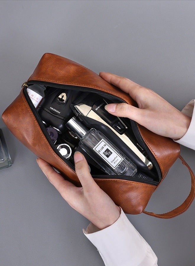 ليمون حقيبة سفر لأدوات النظافة للرجال، مصنوعة من جلد البولي يوريثان، مع حقيبة تنظيم إلكترونية، ومجموعة أدوات زينة مقاومة للماء لرحلات العمل والسباحة والتخييم، باللونين الأسود والبني. - Image 3