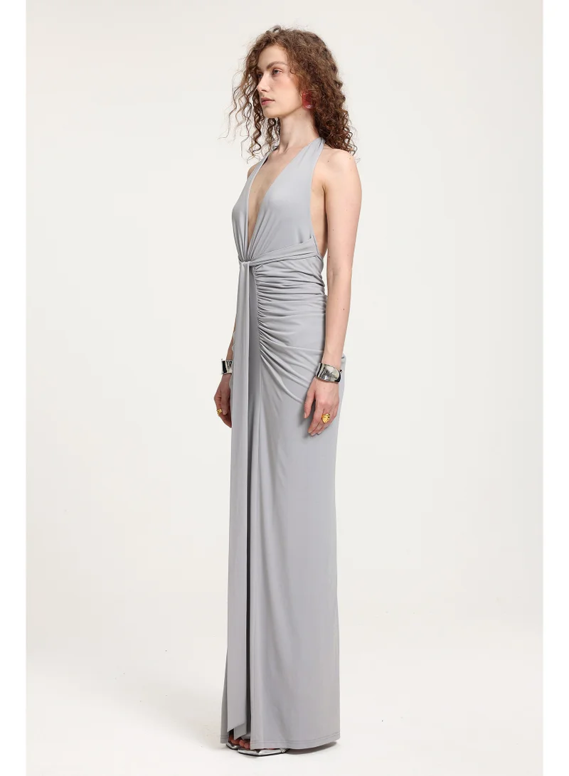 Bella Barnett Plunge Neck Ruched Holder Maxi Dress