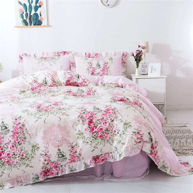FADFAY FADFAY Home Textile Pink Rose Floral Print Duvet Cover Bedding Set for Girls 4 Pieces Full Size 