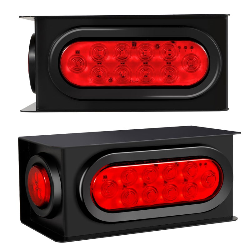 RUNHWEE 2PCS Steel Trailer Light Box Kit with 6" Oval Red 10-LED Tail Lights, Reverse Lights & 2" Round Red 4-LED Side Marker Lights, Includes Grommets & Wire Connectors - Image 1