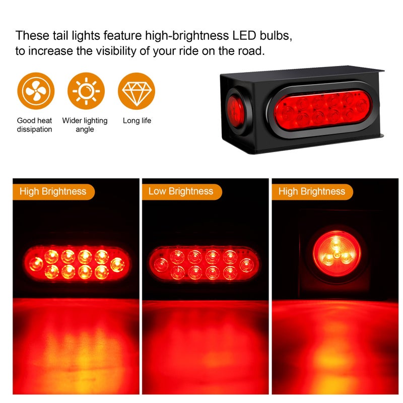 RUNHWEE 2PCS Steel Trailer Light Box Kit with 6" Oval Red 10-LED Tail Lights, Reverse Lights & 2" Round Red 4-LED Side Marker Lights, Includes Grommets & Wire Connectors - Image 2
