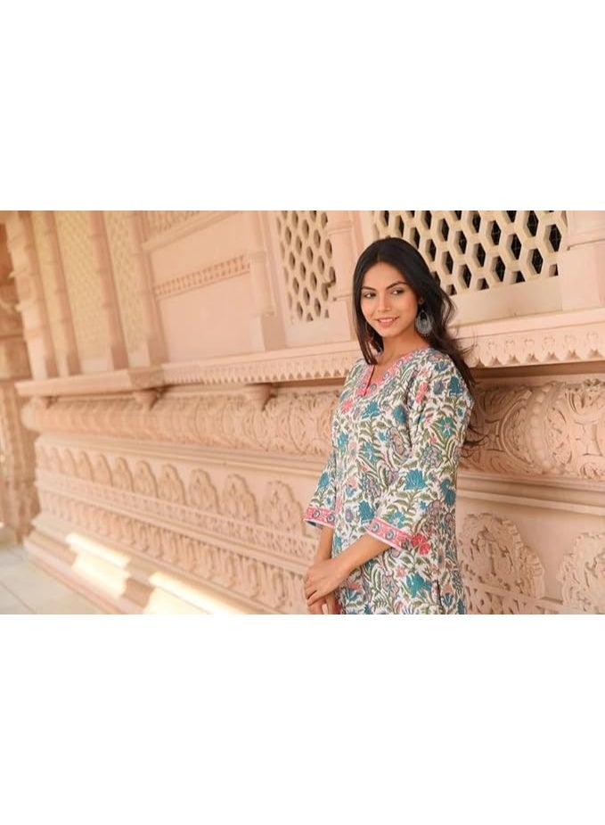 Yashika Women Viscose Rayon Floral Printed Stitched Kurta with Pant | White Color Kurta Set | Kurta with Pant Set for Woman | Printed Kurta Set|XL|Off White - Image 4