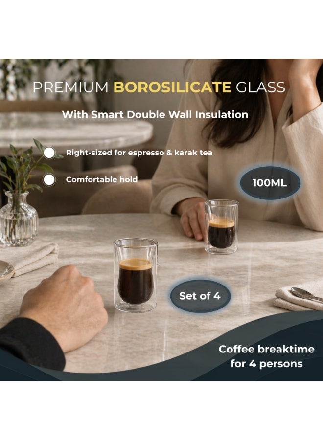 BLACKSTONE Double Wall Estikana Tea Glasses, Set of 4, 100ml, Borosilicate Insulated Tea Cups, Clear, DG892 - Image 5