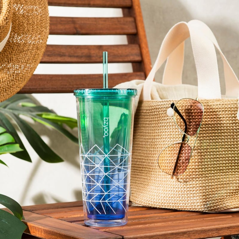 bzyoo SIP 24oz (710ml) Double Wall Plastic Tumbler with Lid and Straw Cold Drink Travel Mug Party Reusable Cup For Office Outdoor Dining Gift For Him & Her (Blue & Green) - Image 2