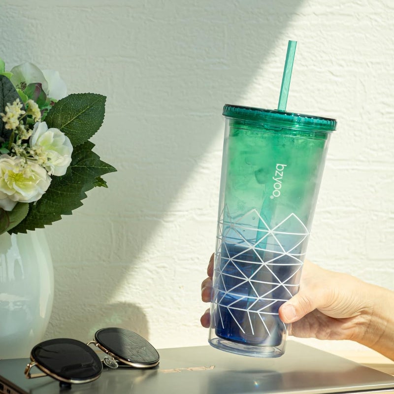 bzyoo SIP 24oz (710ml) Double Wall Plastic Tumbler with Lid and Straw Cold Drink Travel Mug Party Reusable Cup For Office Outdoor Dining Gift For Him & Her (Blue & Green) - Image 3