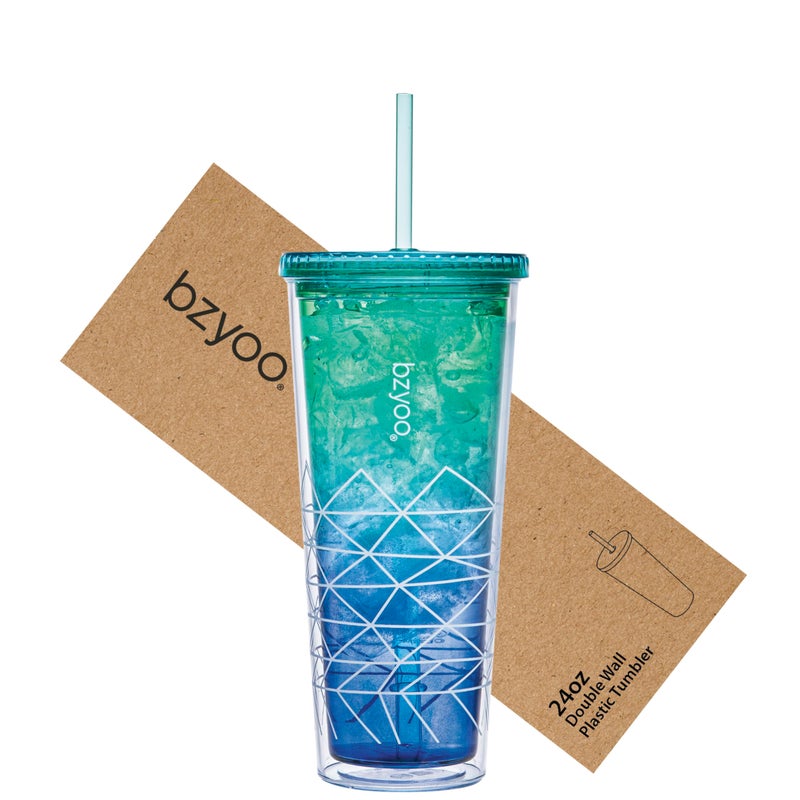 bzyoo SIP 24oz (710ml) Double Wall Plastic Tumbler with Lid and Straw Cold Drink Travel Mug Party Reusable Cup For Office Outdoor Dining Gift For Him & Her (Blue & Green) - Image 1