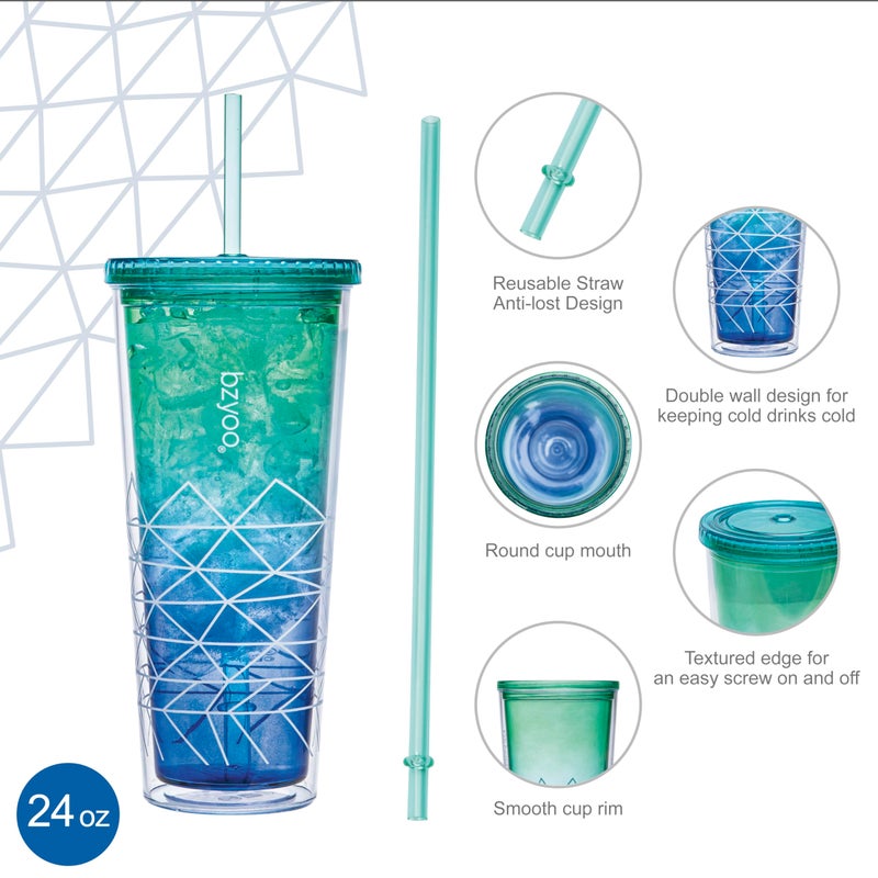 bzyoo SIP 24oz (710ml) Double Wall Plastic Tumbler with Lid and Straw Cold Drink Travel Mug Party Reusable Cup For Office Outdoor Dining Gift For Him & Her (Blue & Green) - Image 5