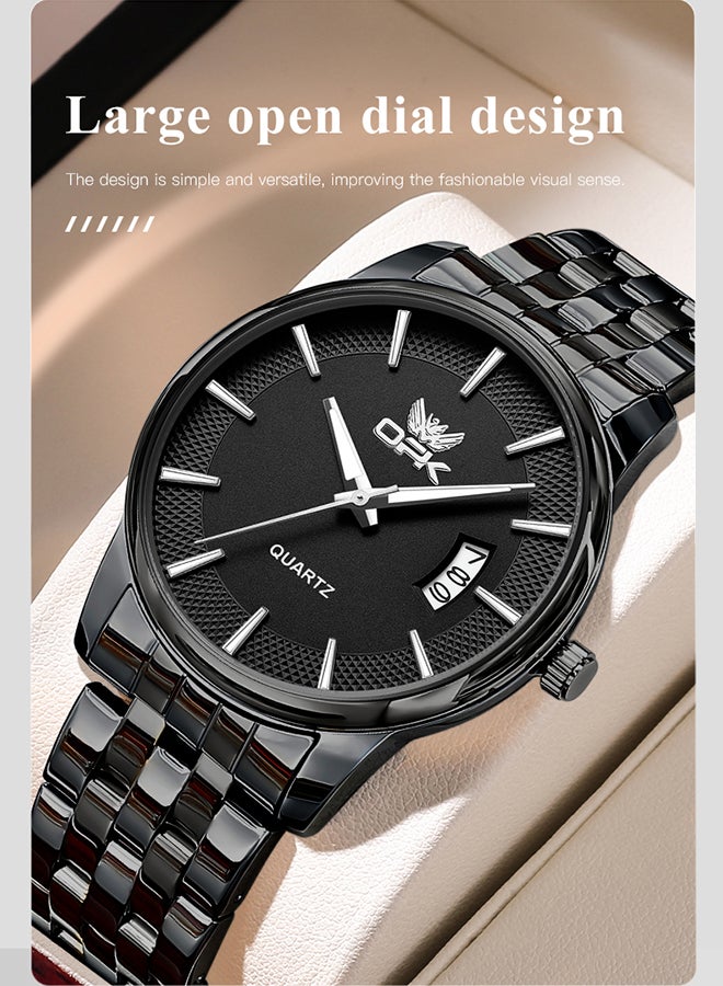 او بي كي ساعة كوارتز رجالية مضيئة مقاومة للماء بسوار من الفولاذ 6045، لون أسود بالكامل. - Image 2