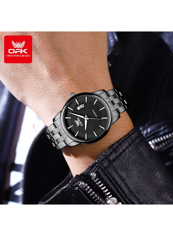 او بي كي ساعة كوارتز رجالية مضيئة مقاومة للماء بسوار من الفولاذ 6045، لون أسود بالكامل. - Image 1