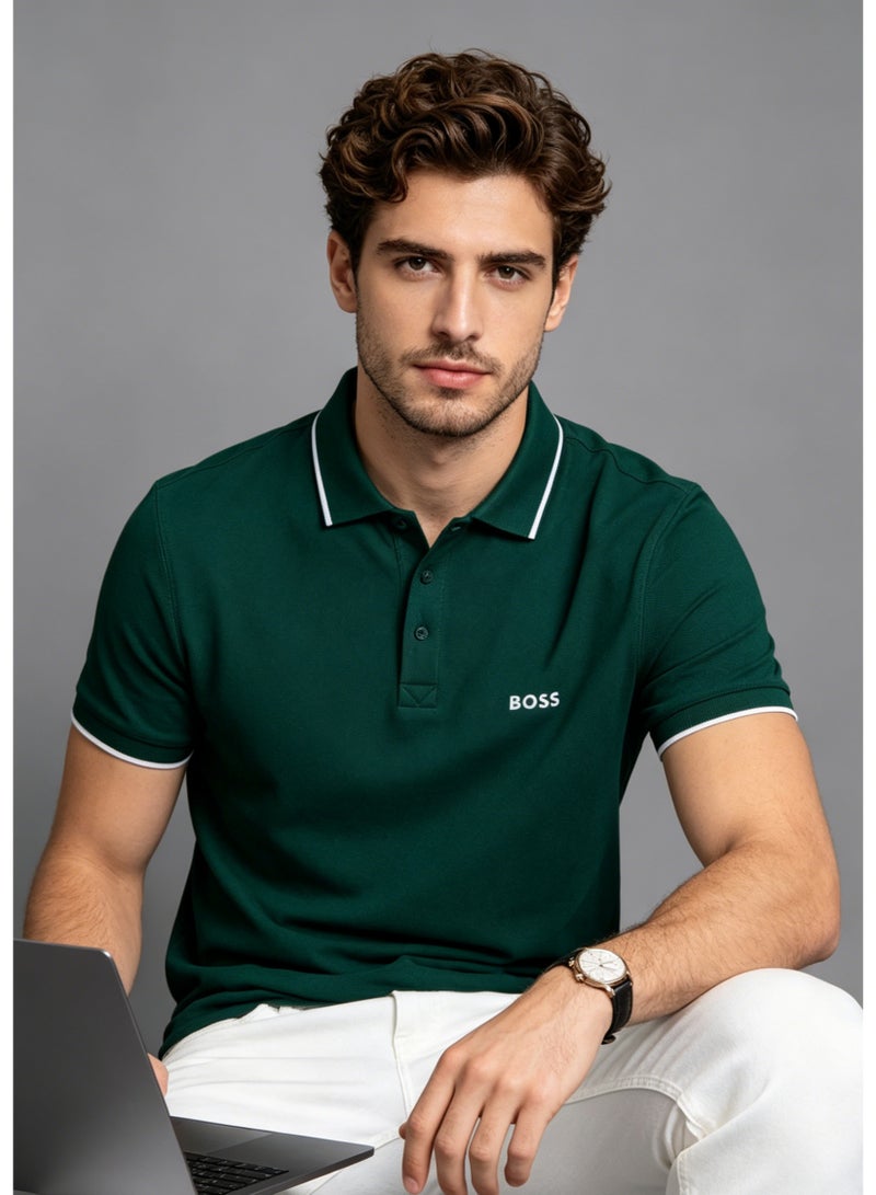 BOSS Men's Short Sleeve Contrast Tipped Polo Shirt, Earthy Casual Regular Fit, Dark Green - Image 1