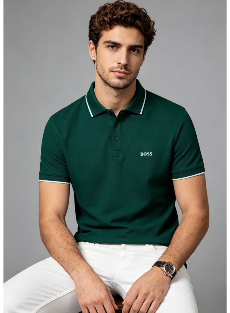 BOSS Men's Short Sleeve Contrast Tipped Polo Shirt, Earthy Casual Regular Fit, Dark Green - Image 4