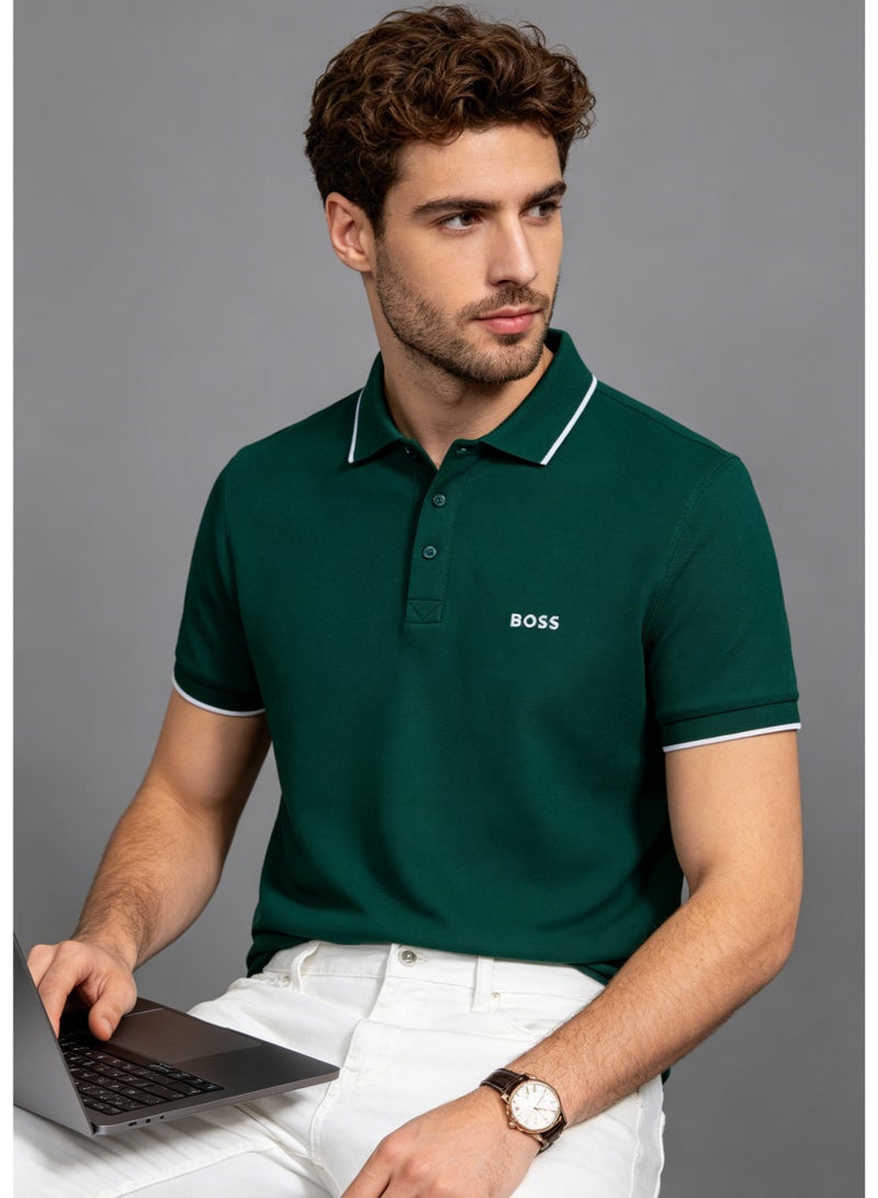 BOSS Men's Short Sleeve Contrast Tipped Polo Shirt, Earthy Casual Regular Fit, Dark Green - Image 2