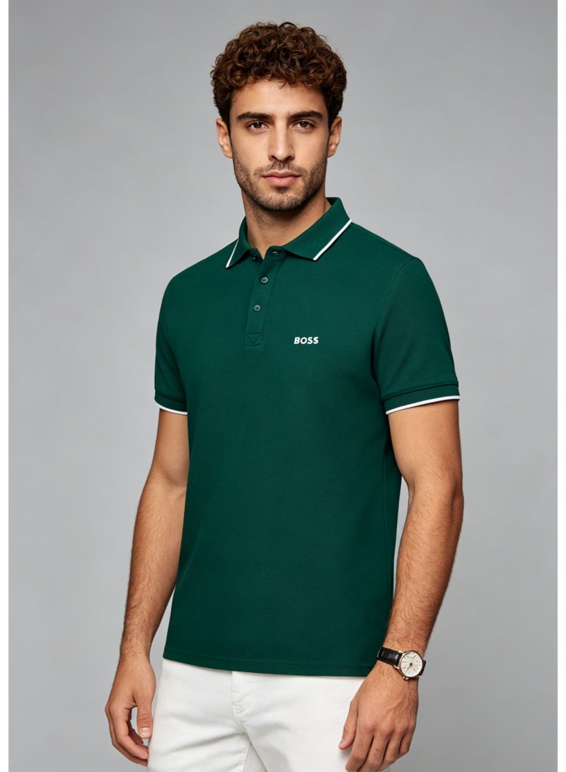 BOSS Men's Short Sleeve Contrast Tipped Polo Shirt, Earthy Casual Regular Fit, Dark Green - Image 3