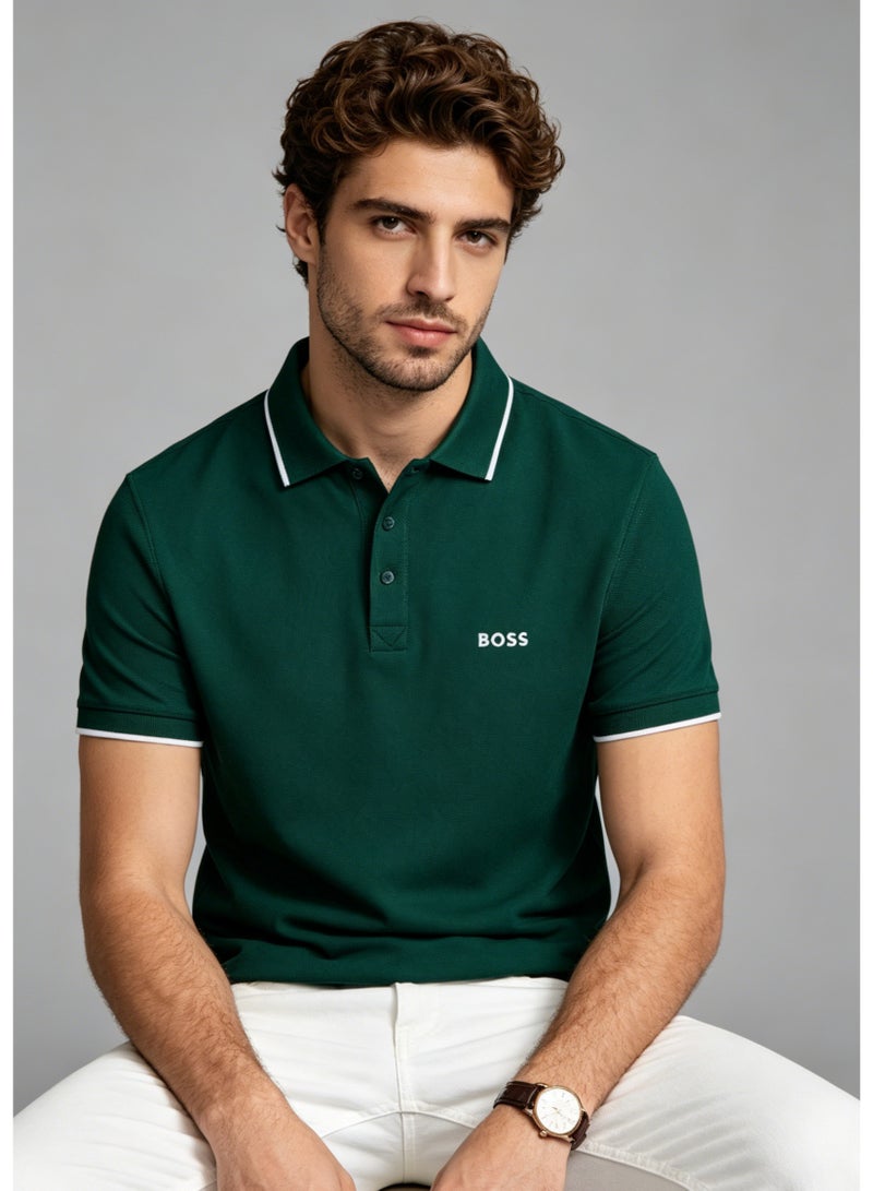 BOSS Men's Short Sleeve Contrast Tipped Polo Shirt, Earthy Casual Regular Fit, Dark Green - Image 5