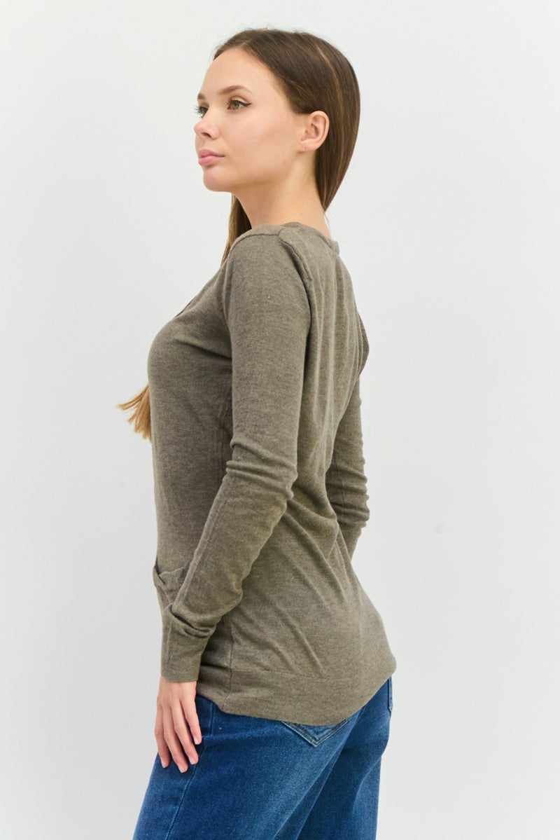 POOF Women V-Neck Long Sleeves Plain Cardigans, Taupe - Image 2