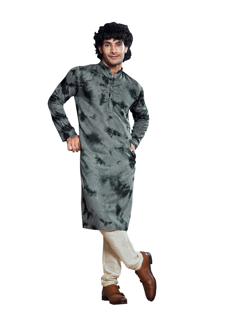 Vardha Men's Viscose Sequence Stitched Kurta, Flowy Grey Pattern Shibori Dyed Ethnic Kurtas for Men, Mandarin Collar, Pearl Buttons, Size L - Image 1