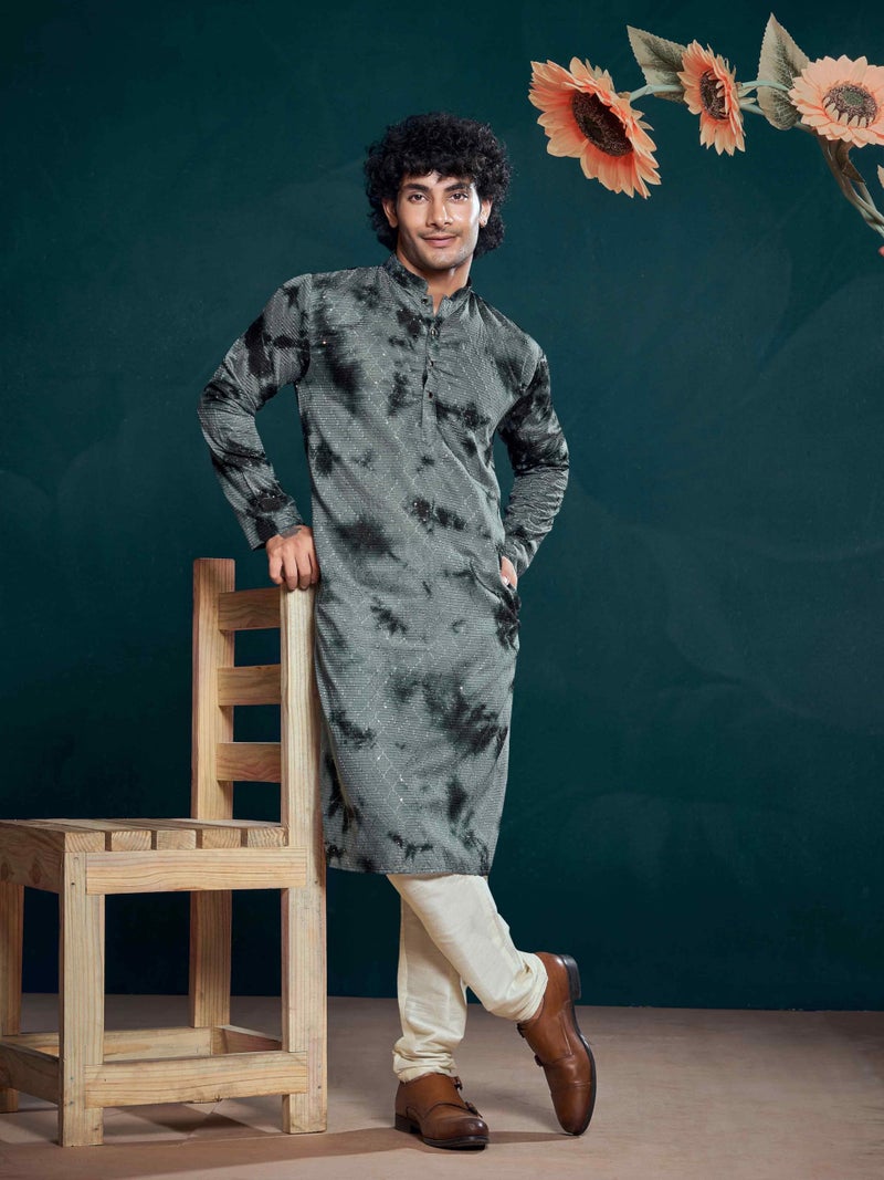 Vardha Men's Viscose Sequence Stitched Kurta, Flowy Grey Pattern Shibori Dyed Ethnic Kurtas for Men, Mandarin Collar, Pearl Buttons, Size L - Image 2
