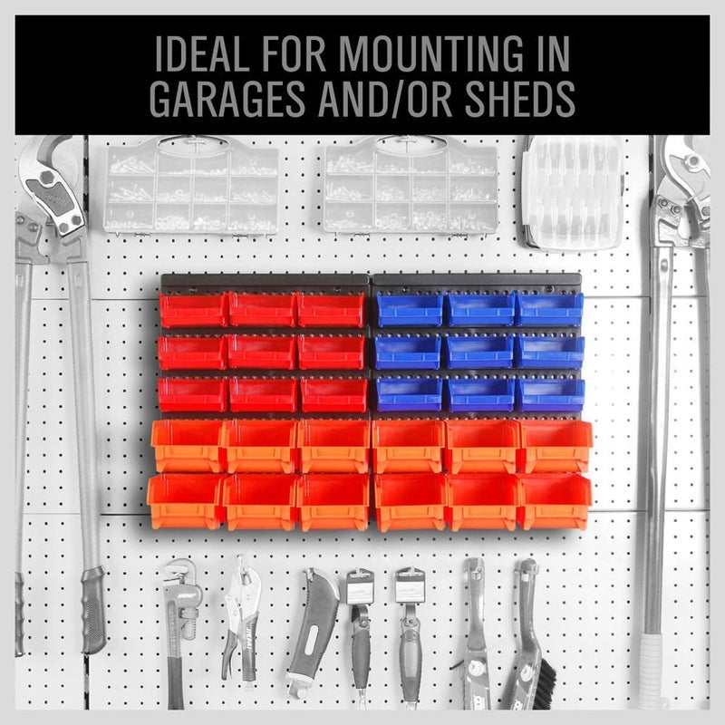 HORUSDY Wall Mounted Storage Bins Parts Rack 30PC Organizer Garage Plastic Shop Tool for Men's Gift, Blue,Orange,Red - Image 3