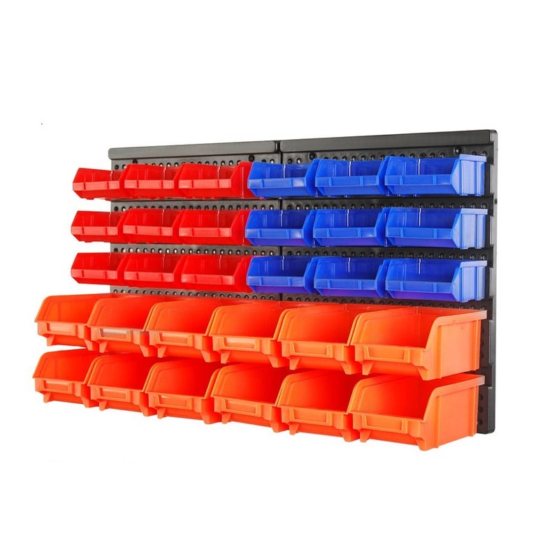 HORUSDY Wall Mounted Storage Bins Parts Rack 30PC Organizer Garage Plastic Shop Tool for Men's Gift, Blue,Orange,Red - Image 1